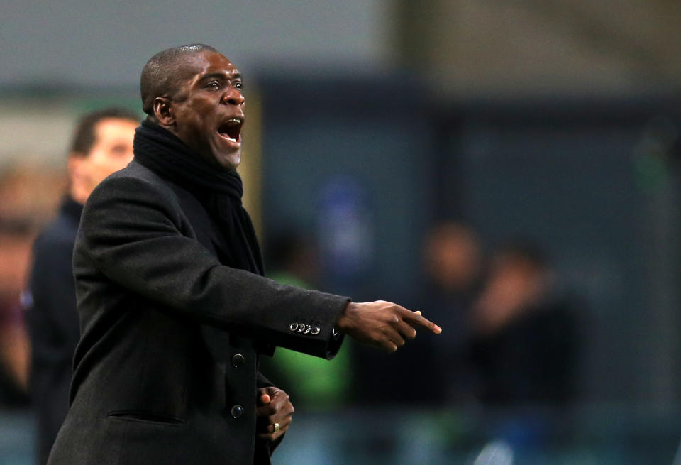 AC Milan coach Clarence Seedorf shouts during the Serie A soccer match between Udinese and AC Milan at the Friuli Stadium in Udine, Italy, Saturday, March 8, 2014. (AP Photo/Paolo Giovannini)