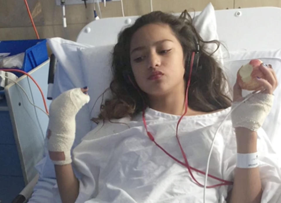 Isabella Miucci pictured in hospital. She was injured on a ride at the Sydney Royal Easter Show and her family received $45,000 in compensation claiming it ended her dreams of being a hip hop dancer.