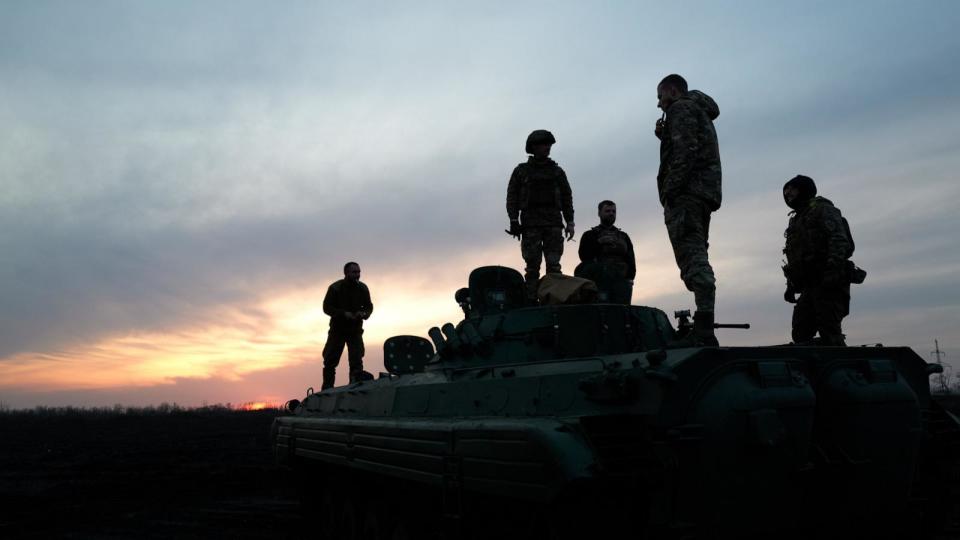 PHOTO: Soldiers stand on an Armored Infantry Vehicle 2 on the outskirts of Avdiivka on Feb. 14, 2024 in Avdiivka district, Ukraine.  (Vlada Liberova/Libkos/Getty Images)