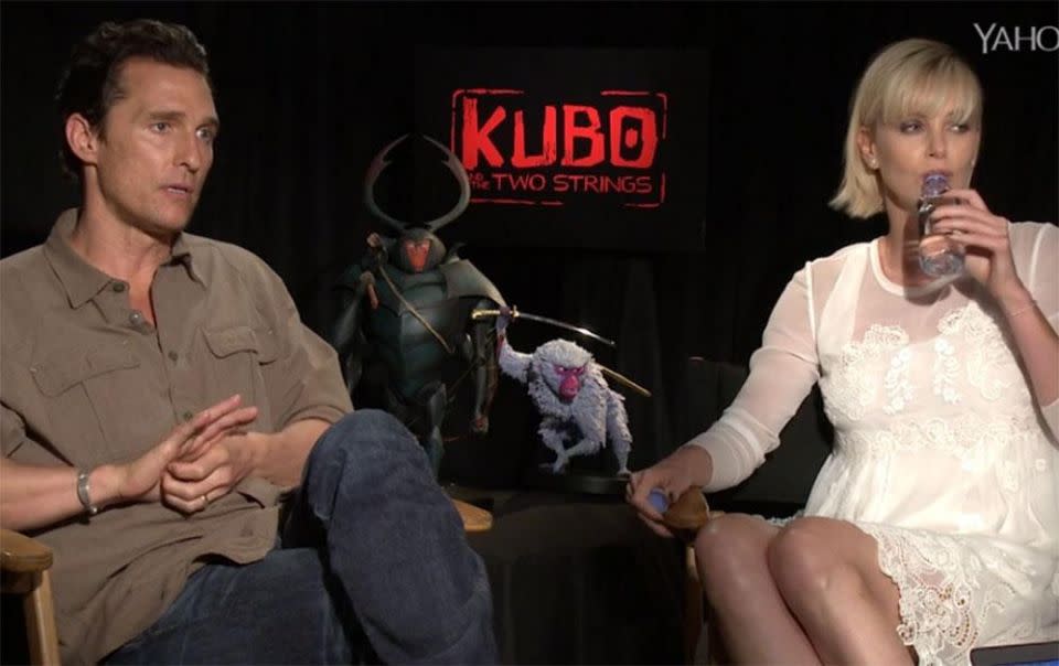 Charlize did not look impressed with the answer. Source: Yahoo Movies