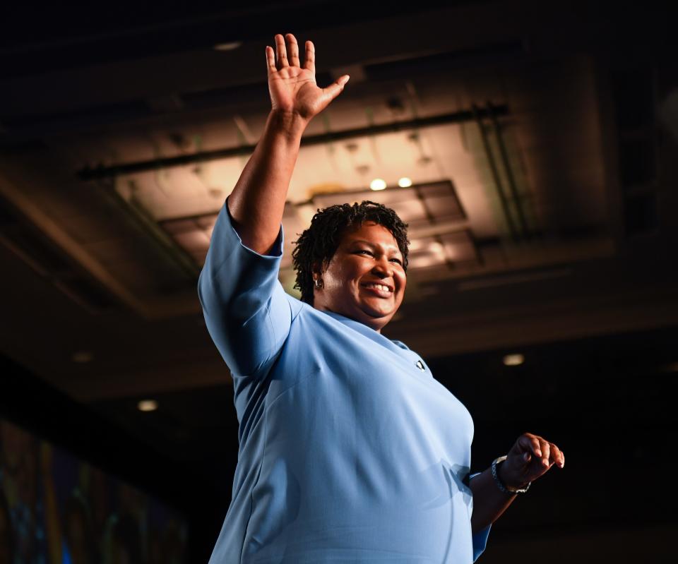 Democratic Georgia gubernatorial candidate Stacey Abrams addresses the crowd in the early morning hours on Nov. 7, 2018, in downtown Atlanta.