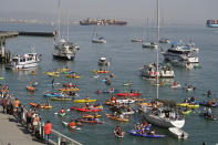 Boats fill McCovey Cove outside Oracle Park during the eighth inning of a baseball game between the San Francisco Giants and the San Diego Padres Sunday, Sept. 27, 2020, in San Francisco. (AP Photo/Eric Risberg)