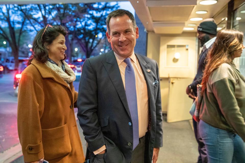 Adam Frisch, a Democratic candidate in Colorado's 3rd Congressional district, arrives at the Hyatt Regency, in Washington, Sunday, Nov. 13, 2022.