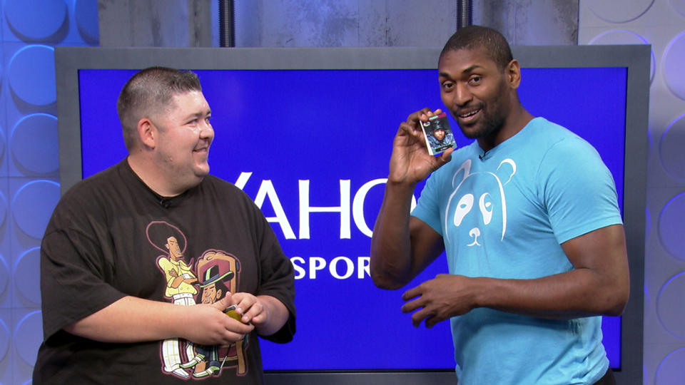 Metta World Peace opens Skybox basketball cards and Yo! MTV Raps cards. (Yahoo Sports)