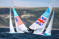 WEYMOUTH, ENGLAND - JULY 30: Iain Percy and Andrew Simpson of Great Britain compete in the Men's Star Sailing on Day 3 of the London 2012 Olympic Games at Weymouth Harbour on July 30, 2012 in Weymouth, England. (Photo by Clive Mason/Getty Images)