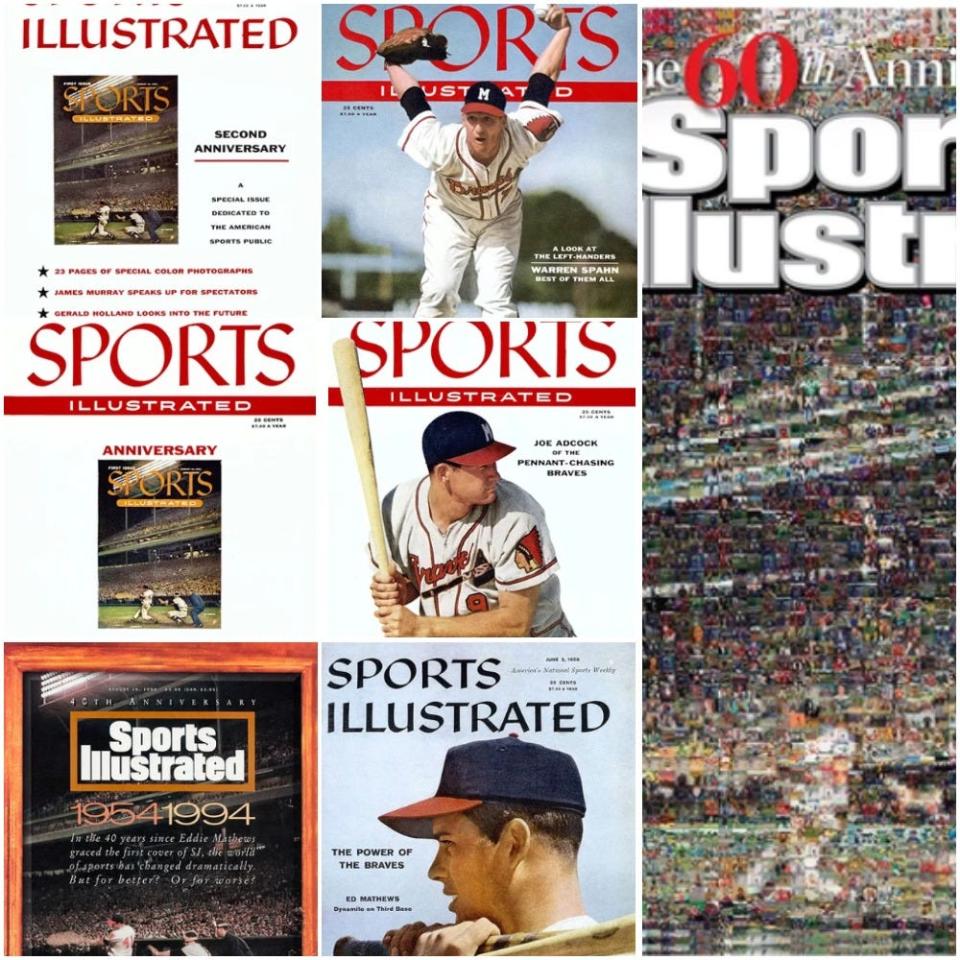 The first cover of Sports Illustrated, featuring Eddie Mathews, was used on the first anniversary, the second, the 40th and the 60th. Other Milwaukee Braves were (from top, center row) Warren Spahn, Joe Adcock and Mathews again.