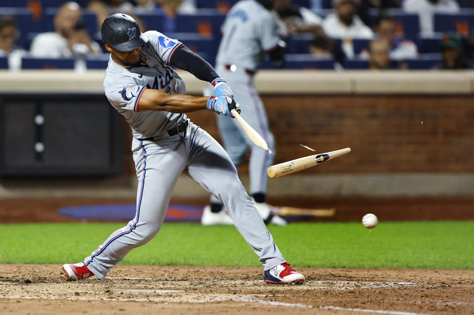 Miami Marlins' Otto Lopez breaks his bat grounding out to first base during the sixth inning of a baseball game against the New York Mets, Tuesday, June 11, 2024, in New York. (AP Photo/Noah K. Murray)