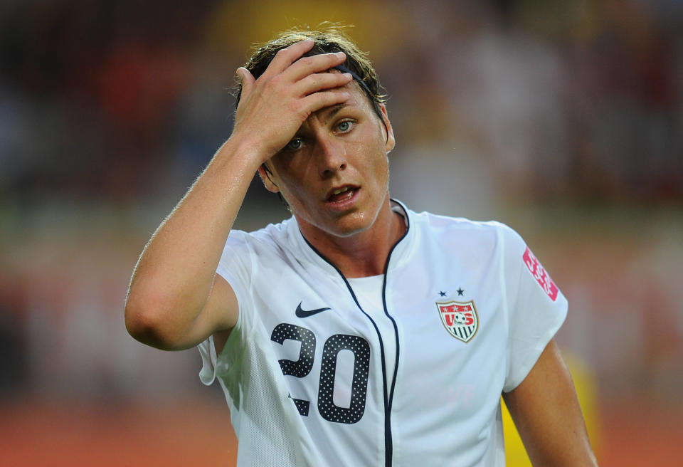 WOLFSBURG, GERMANY - JULY 06:  Abby Wambach of USA reacts during the FIFA Women's World Cup 2011 Group C match between Sweden and USA at Arena IM Allerpark on July 6, 2011 in Wolfsburg, Germany.  (Photo by Mike Hewitt - FIFA/FIFA via Getty Images)