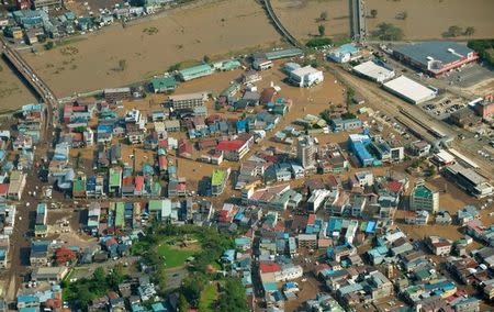 An aerial view shows a flooded residential area from heavy rains by Typhoon Lionrock in Kuji, Iwate prefecture, Japan, in this photo taken by Kyodo August 31, 2016. Mandatory credit Kyodo/via REUTERS