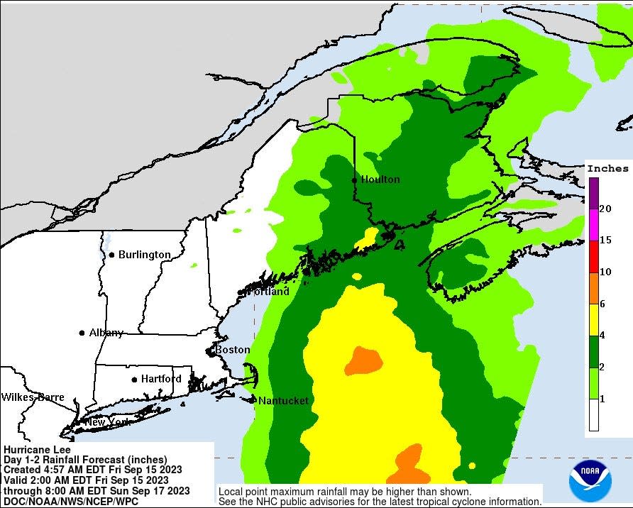 Possible rainfall totals associated with Hurricane Lee.