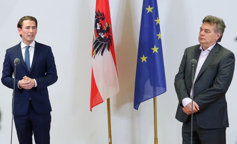 Leader of Austria's Green Party Werner Kogler and head of People's Party (OeVP) Sebastian Kurz deliver a statement in Vienna