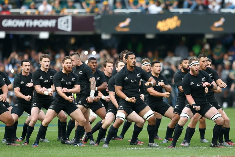 New Zealand All Blacks perform the Haka ahead of a Rugby Championship match at Kingspark Rugby stadium in Durban, on October 8, 2016