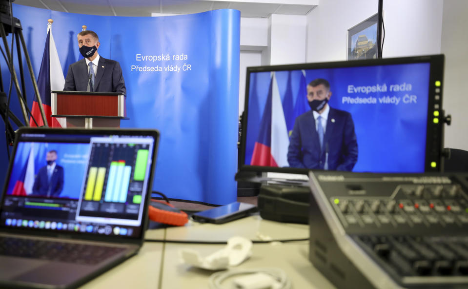 Czech Republic's Prime Minister Andrej Babis speaks during a media conference via videoconference at an EU summit in Brussels, Friday, July 17, 2020. Leaders from 27 European Union nations met face-to-face on Friday for the first time since February, despite the dangers of the coronavirus pandemic, to assess an overall budget and recovery package spread over seven years estimated at some 1.75 trillion to 1.85 trillion euros. (AP Photo/Oliver Matthys, Pool)