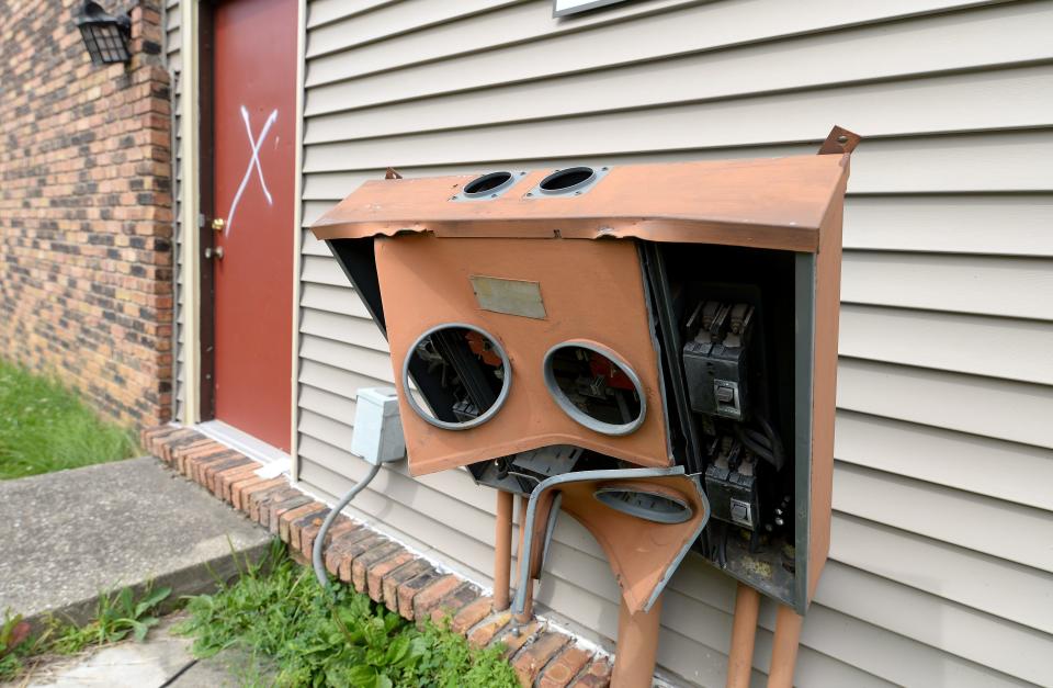 According to neighbors, anything of value, like wire or plumbing, is being stolen from the Olde Towne Apartments, the now vacant complex at Jefferson Street and Bruns Lane in Springfield. This electric meter reading area, photographed on June 18, 2024, had been damaged and stripped.