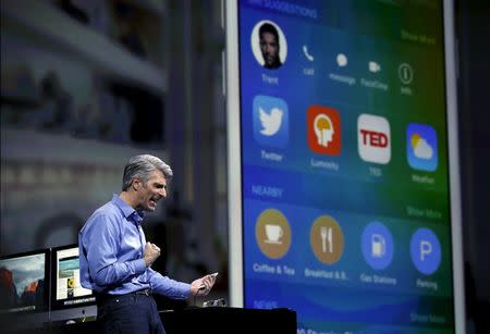 Apple senior vice president for software engineering Craig Federighi speaks at the Worldwide Developers Conference in San Francisco, California June 8, 2015. REUTERS/Robert Galbraith