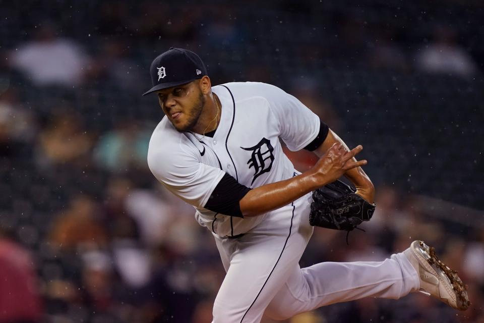 Tigers pitcher Joe Jimenez throws during the seventh inning on Friday, June 11, 2021, at Comerica Park.