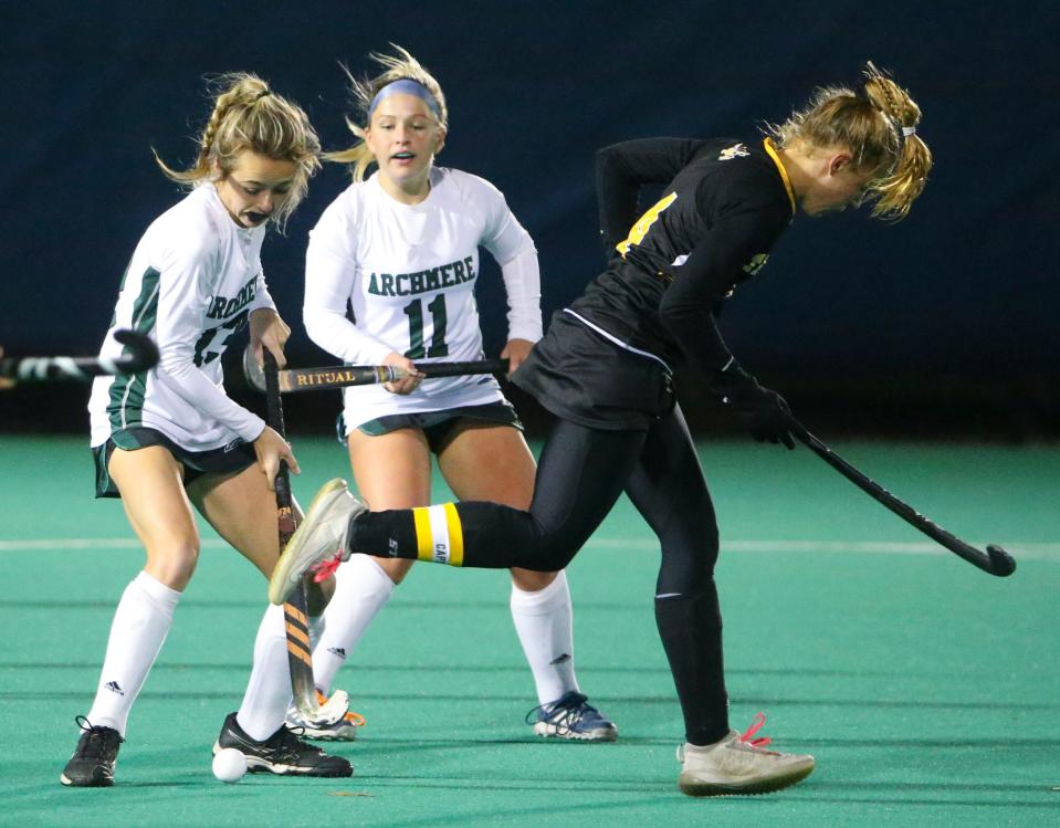 Archmere's Kirsten Wenger (left) and Kathleen Schaller compete with Tatnall's Lydia Colasante in the Auks' 1-0 win in a semifinal of the DIAA Division II state high school tournament at the University of Delaware's Rullo Stadium, Wednesday, Nov. 16, 2022.