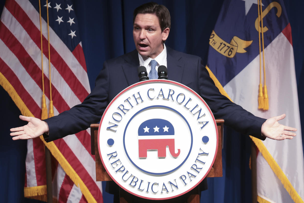 Republican presidential candidate Florida Governor Ron DeSantis delivers remarks June 9, 2023 in Greensboro, North Carolina. (Win McNamee/Getty Images)