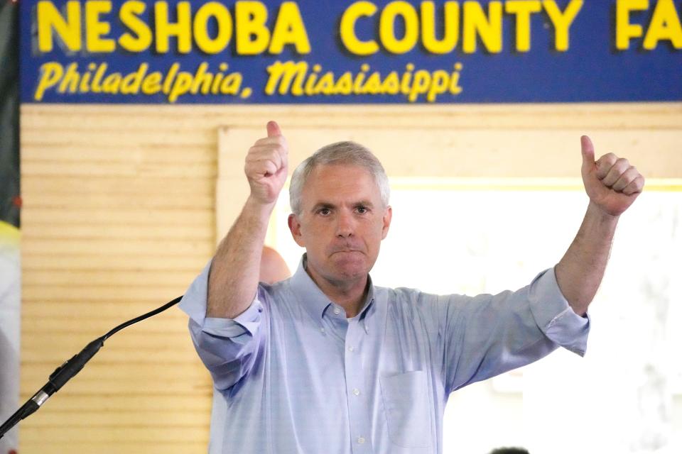 Democrat Brandon Presley, a candidate for governor in November, gives his supporters a thumbs up after speaking to the crowd at the Neshoba County Fair in Philadelphia, Miss., Thursday, July 27, 2023. Presley is currently one of three public service commissioners. (AP Photo/Rogelio V. Solis)