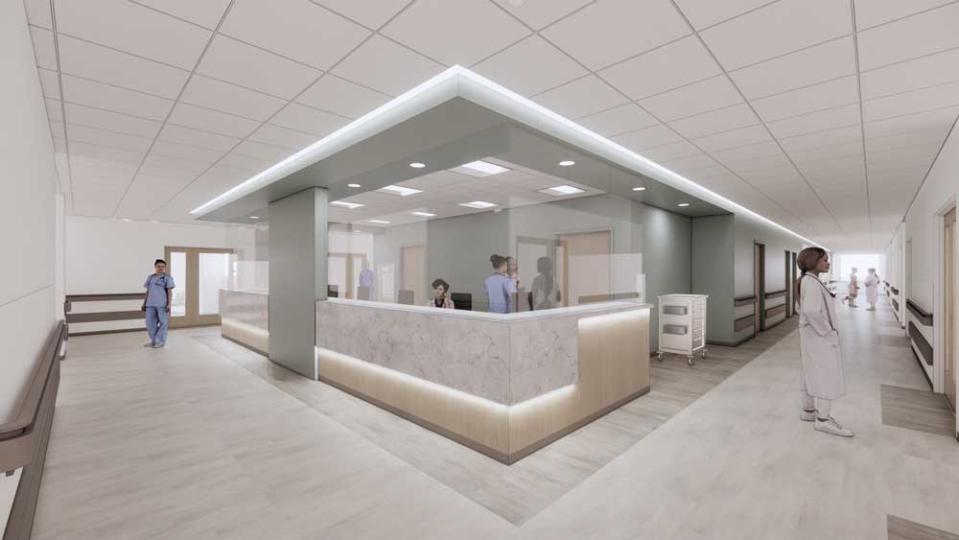 A rendering show what a care team area will look like at Trinity Health's planned hospital near Brighton.