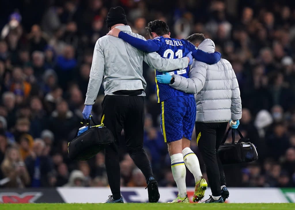 Ben Chilwell, centre, is helped off the pitch after suffering his knee injury against Juventus (Adam Davy/PA) (PA Wire)
