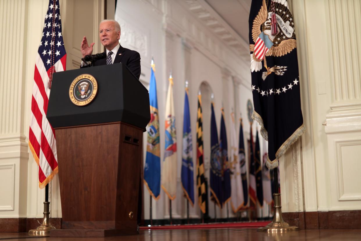 Joe Biden delivered his first primetime address as president on the one-year anniversary of the World Health Organisation announcing Covid as a global pandemic. (Getty Images)