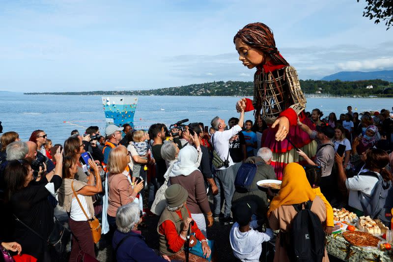 Little Amal puppet in Geneva