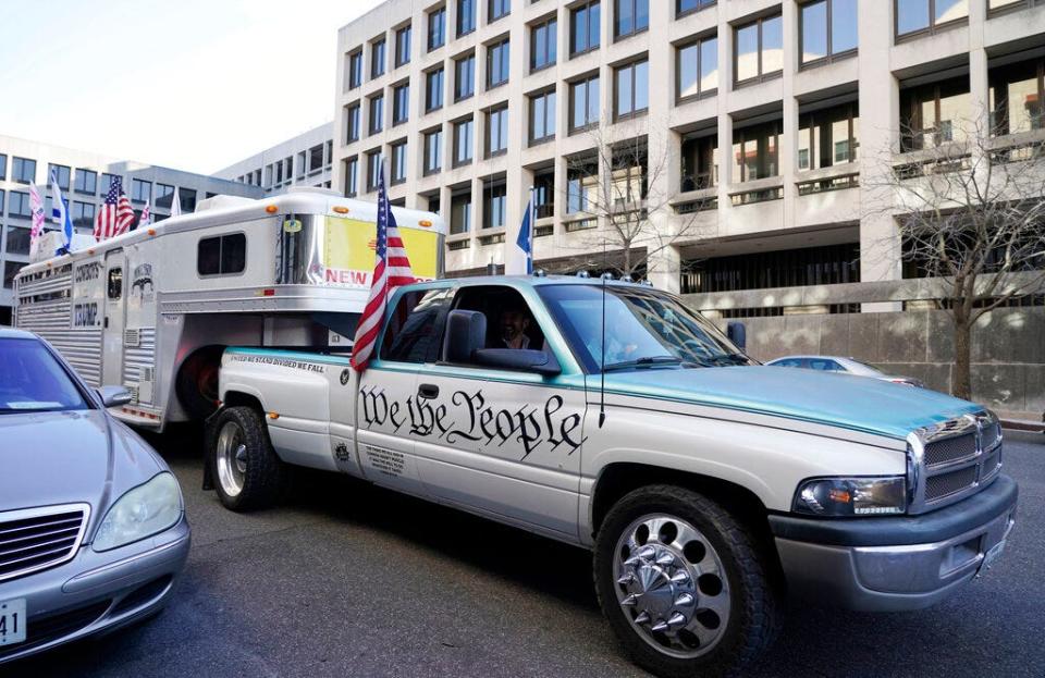 Otero County Commissioner Couy Griffin arrives at the Federal Court House in Washington, Monday, March 21, 2022. Griffin is charged with illegally entering Capitol grounds the day a pro-Trump mob disrupted certification of Joe Biden's presidential election victory on Jan. 6, 2021.