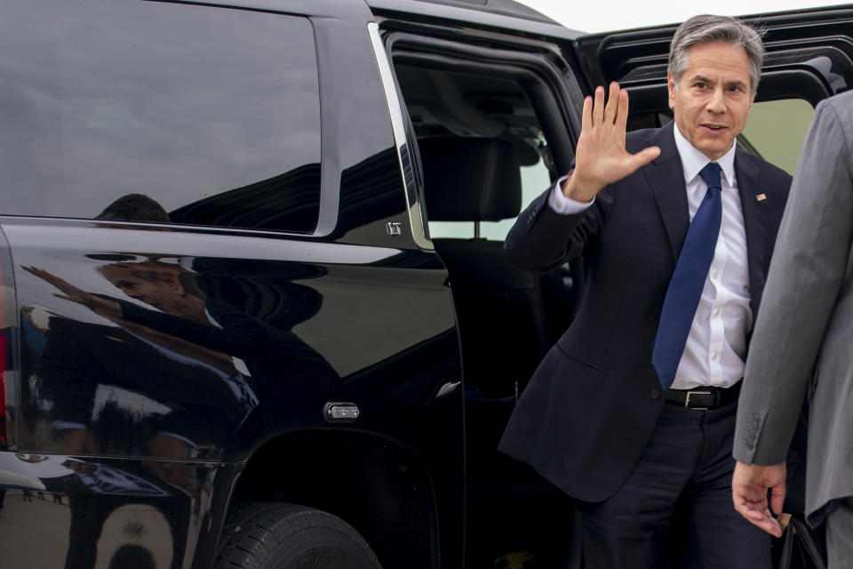 Secretary of State Antony Blinken boards his plane at Andrews Air Force Base, Md., Tuesday, June 22, 2021 to travel to Berlin Brandenburg Airport in Schonefeld, Germany. Blinken begins a week long trip to Europe traveling to Germany, France and Italy. (AP Photo/Andrew Harnik, Pool)