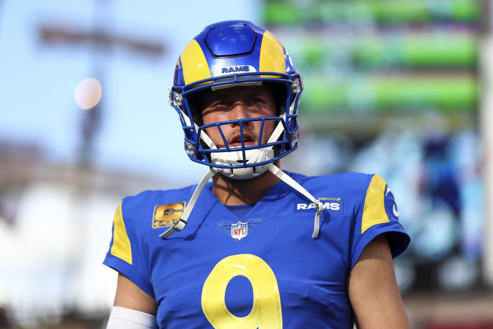 TAMPA, FL - NOVEMBER 6: Matthew Stafford #9 of the Los Angeles Rams warms up prior to an NFL football game against the Tampa Bay Buccaneers at Raymond James Stadium on November 6, 2022 in Tampa, Florida. (Photo by Kevin Sabitus/Getty Images)