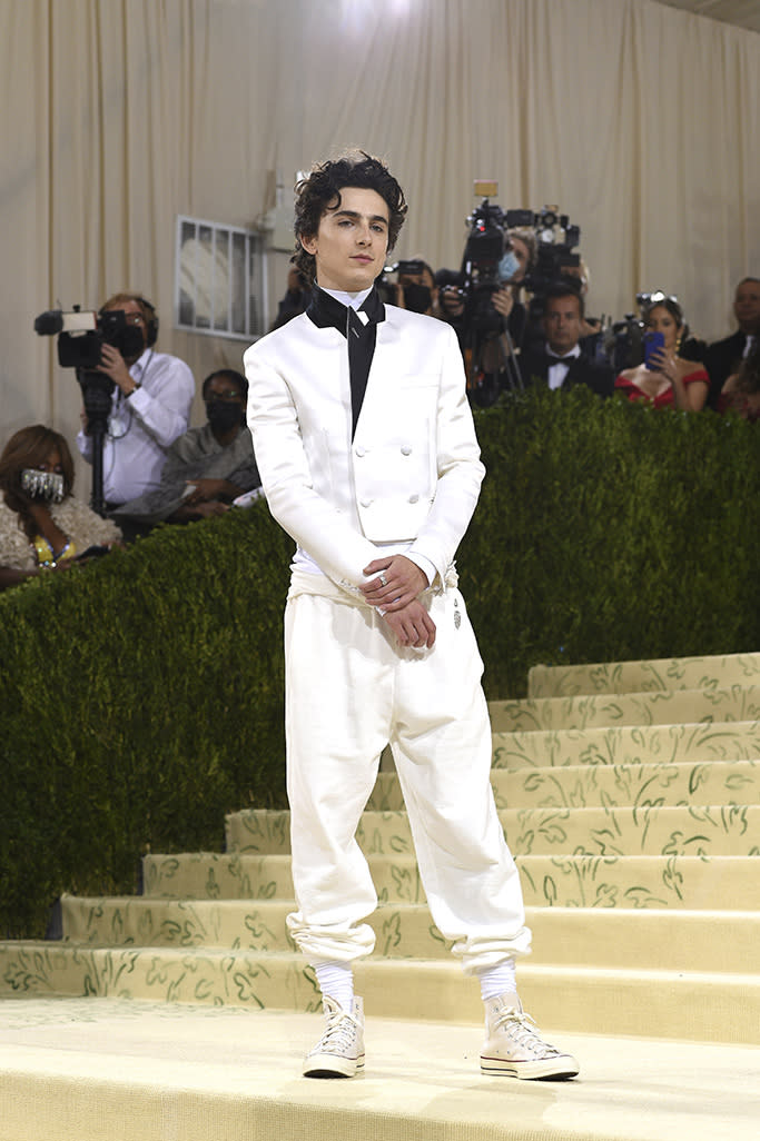 Timothee Chalamet attends The Metropolitan Museum of Art’s Costume Institute benefit gala celebrating the opening of the “In America: A Lexicon of Fashion” exhibition on Monday, Sept. 13, 2021, in New York. - Credit: Invision