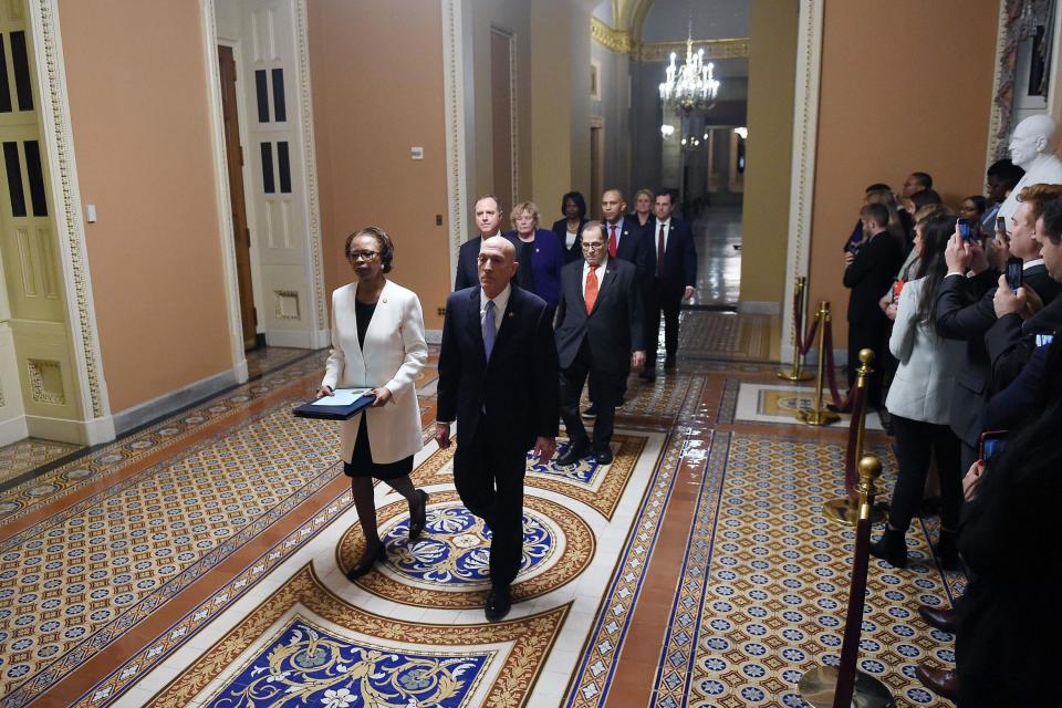 The articles of impeachment being carried to the senate (AFP via Getty Images)