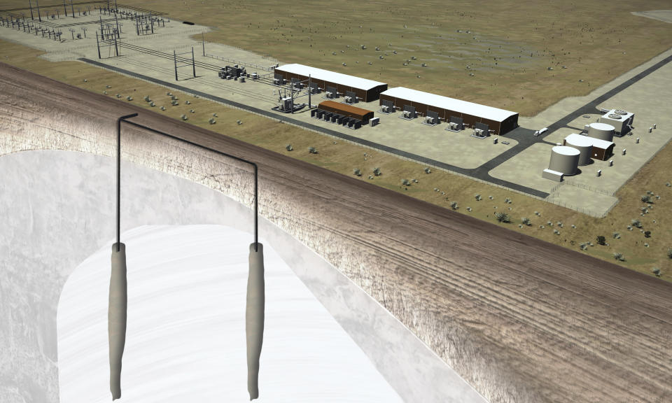 This artist rendering provided by Mitsubishi Power Americas shows what Advanced Clean Energy Storage Developers plan to create using caverns in impermeable salt formations underground in Delta, Utah, where they can store hydrogen fuel and sell it to electricity providers. In three years, plans call for mixing the hydrogen with natural gas to provide energy for the nearby Intermountain Power Plant (Advanced Clean Energy Storage I LLC/Mitsubishi Power Americas via AP)