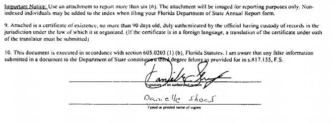 Danielle Shoaf's signature as it appears on file with the state of Florida.