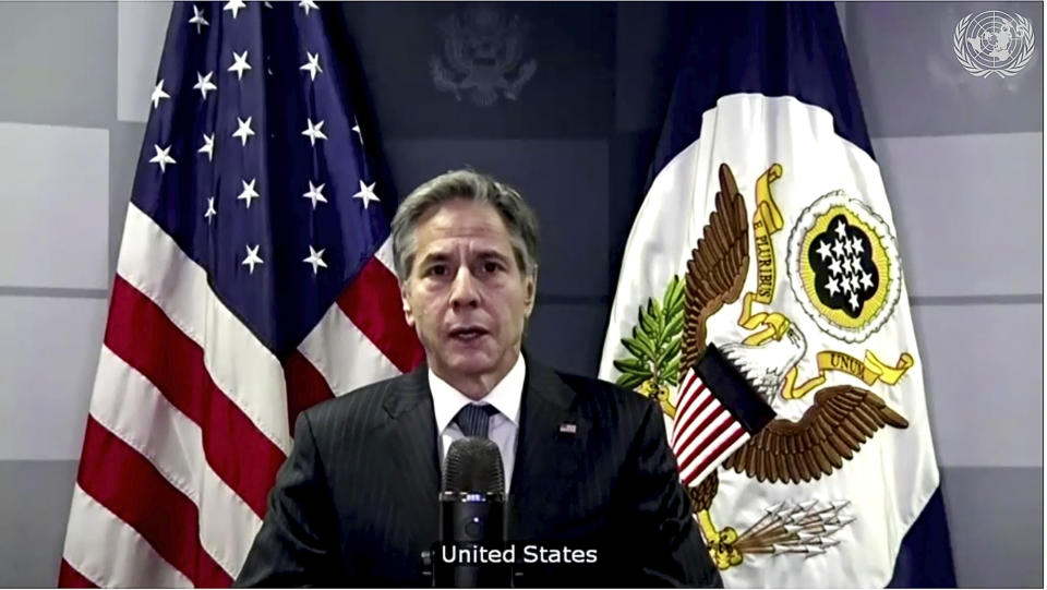 In this image made from UNTV video, U.S. Secretary of State Antony Blinken speaks during a U.N. Security Council high-level meeting on COVID-19 recovery focusing on vaccinations, chaired by British Foreign Secretary Dominc Raab, Wednesday, Feb. 17, 2021, at UN headquarters. (UNTV via AP)