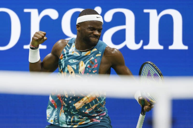 Frances Tiafoe celebrates at the U.S. Open tennis championships in August. File Photo by John Angelillo/UPI