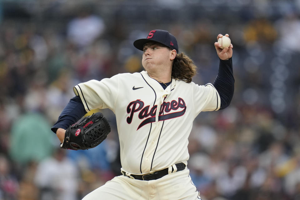 San Diego Padres starting pitcher Ryan Weathers works against a Atlanta Braves batter during the first inning of a baseball game Monday, April 17, 2023, in San Diego. (AP Photo/Gregory Bull)