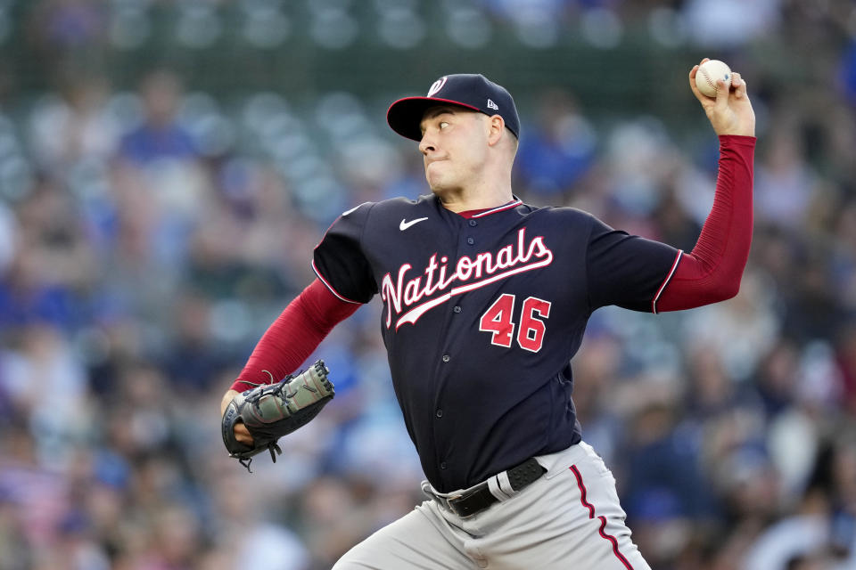 Washington Nationals starting pitcher Patrick Corbin delivers in the first inning of a baseball game against the Chicago Cubs Tuesday, July 18, 2023, in Chicago. (AP Photo/Charles Rex Arbogast)