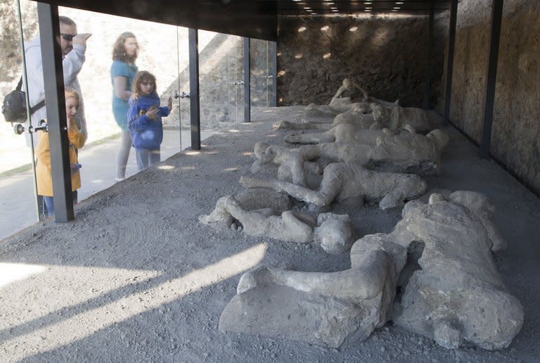 Visitors look at the Orto dei fuggiaschi (Garden of the Fugitives) in Pompeii, Italy. The long-neglected Roman city of Pompeii will get a 105-million euro ($142-million) makeover partly funded by the EU starting on Wednesday, a day after former site managers were put under investigation for corruption