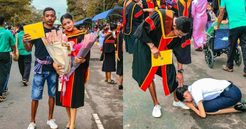 泰國女大生讓哥哥穿上自己的畢業學士服進行叩拜。（圖／翻攝自中國報）