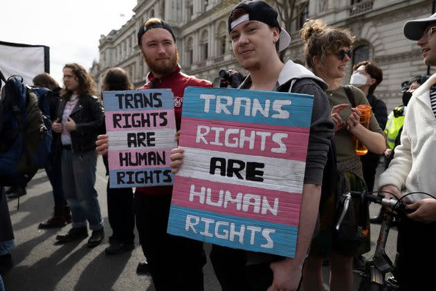 Protesters in April campaigning against the exclusion of trans people from the conversion therapy ban back in April (Photo: SOPA Images via Getty Images)