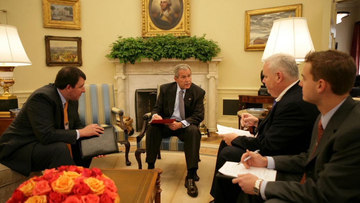 Mandatory Credit: Photo by Shutterstock (694145a)Members of the White House speech writing staff, (from left to right) Marc Theissen, Bill McGurn and Christopher Michel with President George W.