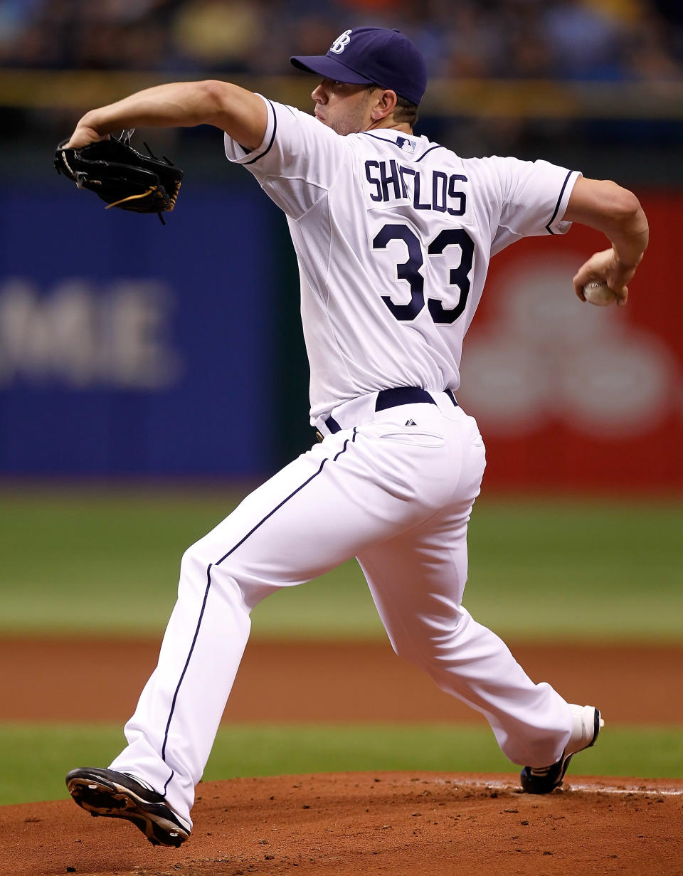 ST PETERSBURG, FL - JUNE 16: : Pitcher James Shields #33 of the Tampa Bay Rays pitches against the Miami Marlins during the game at Tropicana Field on June 16, 2012 in St. Petersburg, Florida. (Photo by J. Meric/Getty Images)