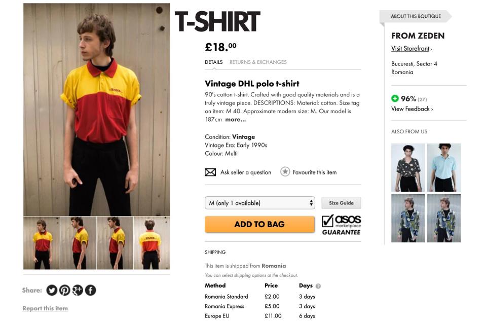 The DHL T-shirt has been mocked on the internet. [Photo: ASOS Marketplace]