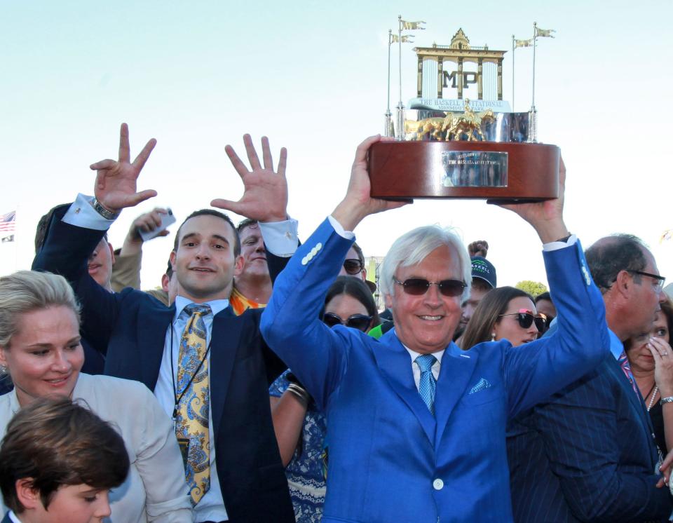 Bob Baffert celebrates after American Pharoah's victory in the 2015 Haskell at Monmouth Park.