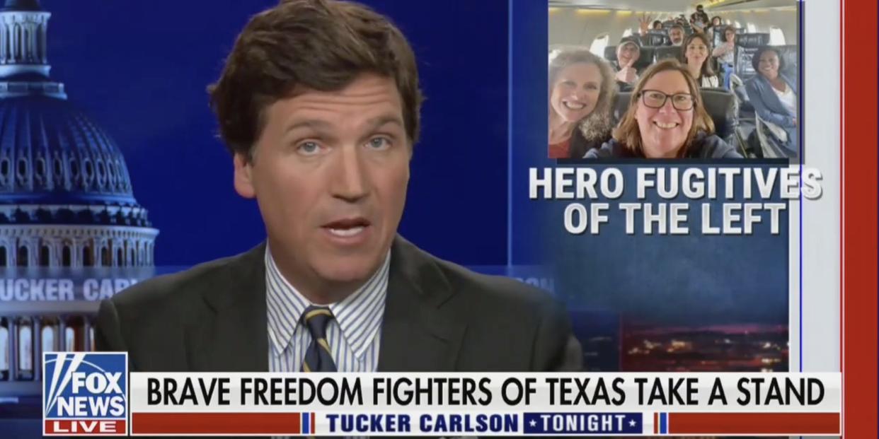 A screenshot from "Tucker Carlson Tonight" about Texan Democrats, with the apparently sarcastic chyron "Brave freedom fighters of Texas take a stand."