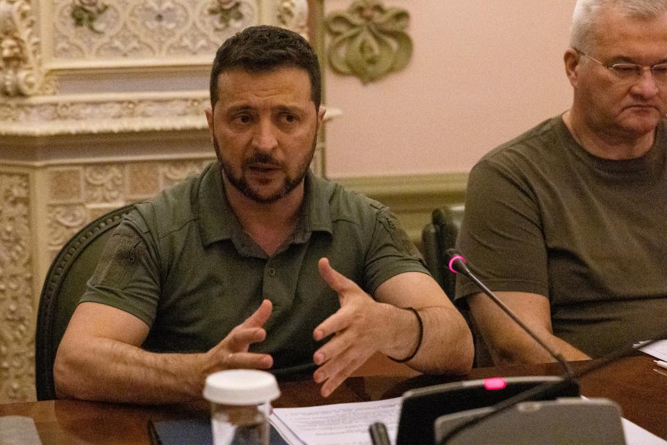 Ukraine’s president Volodymyr Zelensky gestures as he attends a meeting with Ireland’s prime minister at Horodetsky House, in Kyiv, on 19 July 2023 (POOL/AFP via Getty Images)