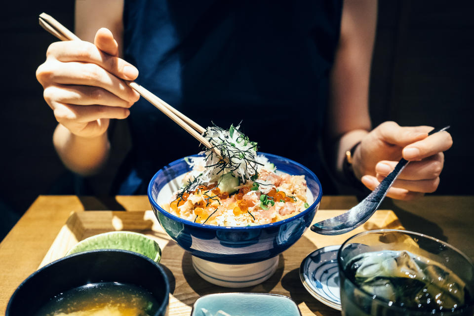 Traditional Japanese seafood donburi