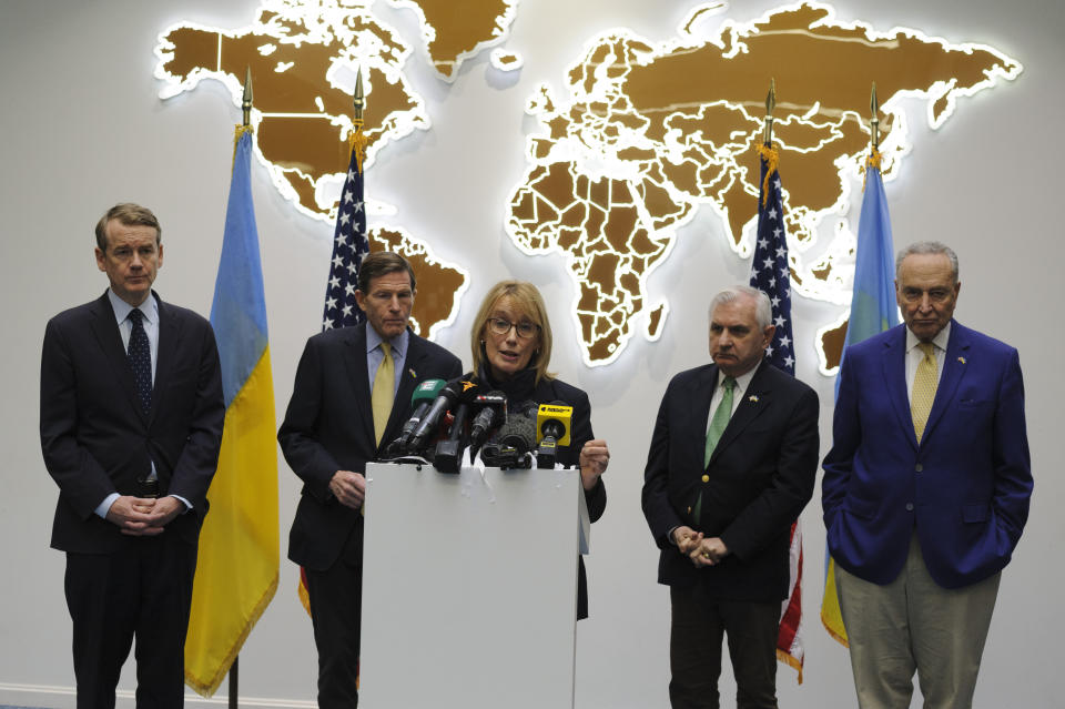 Left to right: Sen. Michael Bennet, D-Colo., Sen. Richard Blumenthal., Sen. Maggie Hassan, D-N.H., D-Conn., Sen. Jack Reed, D-R.I. and Charles Schumer, D-N.Y., answer media questions in Lviv, Ukraine, Friday, Feb. 23, 2024. (AP Photo/Mykola Tys)