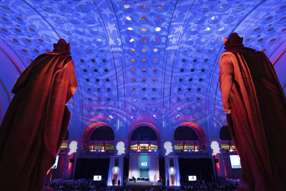 Supreme Court Associate Justice Amy Coney Barrett speaks during the Federalist Society's 40th Anniversary dinner at Union Station in Washington, Monday, Nov. 10, 2022. ( AP Photo/Jose Luis Magana)